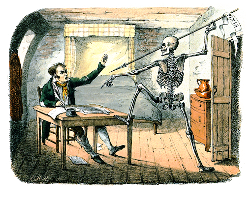 An author faces death. From a danse macabre by Edward Hull, public domain digitization by Wellcome Images.