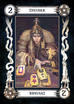 The Diviner Card from the Tarokka Deck. This card represents the pursuit of knowledge, wisdom, and truth. It also holds reference to sages and prophecy. The imagery pays homage to the Vistani people of Barovia