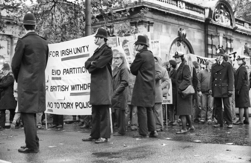 Photo of demonstrators: Irish Unity/End Partition. London Embankment, circa 1979. 